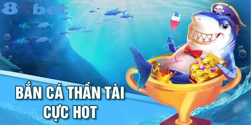 Cá mập hoạt hình bên cúp vàng trong game bắn cá thần tài đổi thưởng