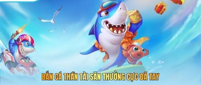 Cá mập và cá hề hoạt hình săn thưởng trên nền đại dương xanh