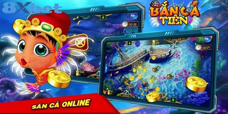 Bắn cá Tiên với nhân vật cá thần tiên và màn hình bàn chơi online tại 8Xbet