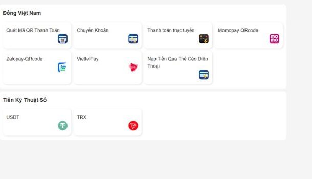 Màn hình nạp tiền 8Xbet với nhóm Tiền Kỹ Thuật Số và lựa chọn USDT