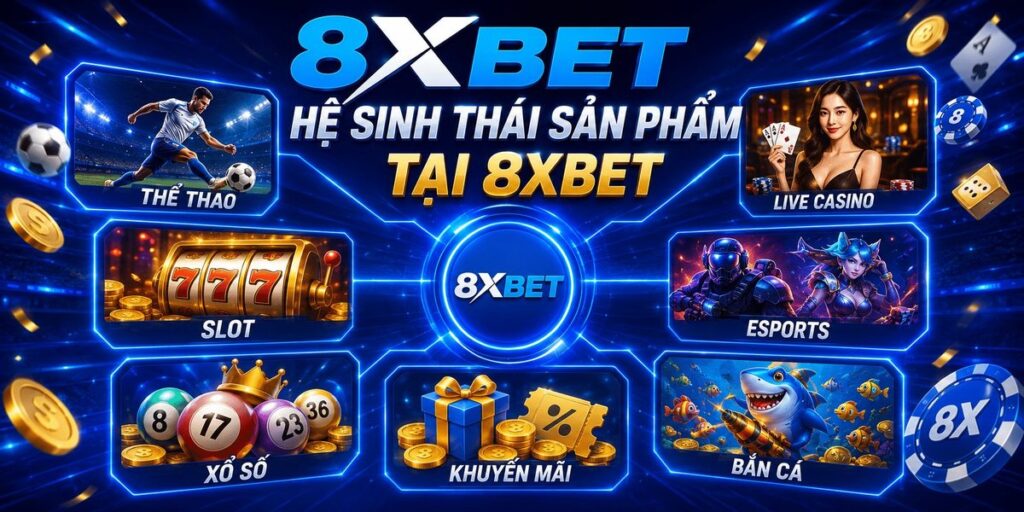 Hệ sinh thái sản phẩm 8Xbet gồm thể thao, live casino, slot, esports, xổ số và bắn cá