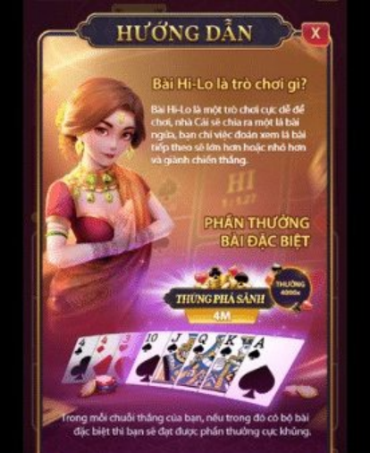 Màn hình hướng dẫn luật chơi hi lo với các lá bài tây