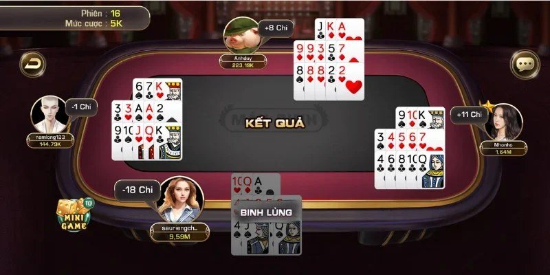 Bàn mậu binh hiển thị kết quả so chi, số chi thắng thua và bài binh lủng