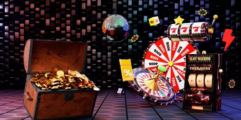 Rương báu, vòng quay và máy slot minh họa kho game chờ tân thủ 8Xbet