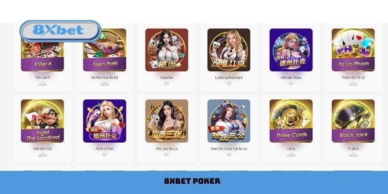 Sảnh trò chơi bài trực tuyến với nhiều bàn poker và game bài để lựa chọn