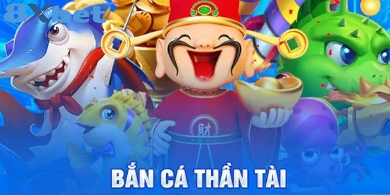 Bắn cá Thần Tài với nhân vật Thần Tài cầm tiền vàng giữa đàn cá